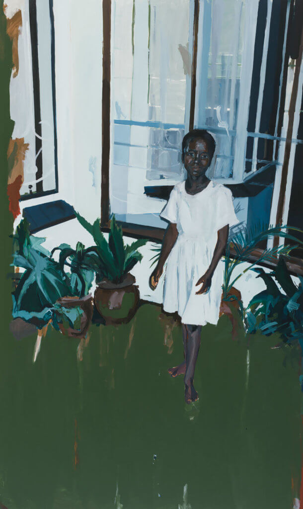 Kudzanai-Violet Hwami, Girl by the Veranda, 2017, painting